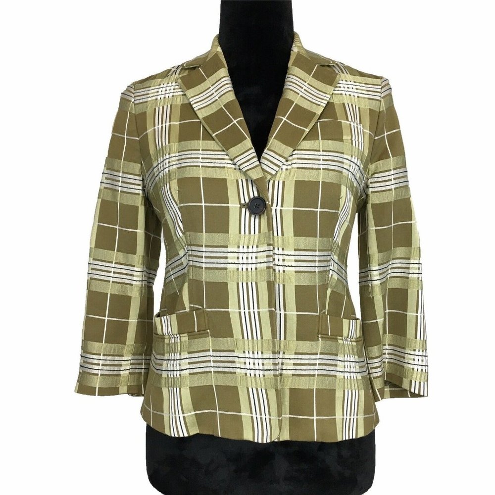 Banana Republic 2 Blazer Jacket Olive Green Sage White Black Plaid 3/4 Sl Work S